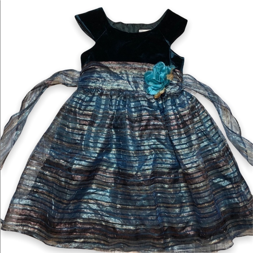 𝅺JENNY & Me Teal Striped Organza Holiday‎ Dress Girls 6X